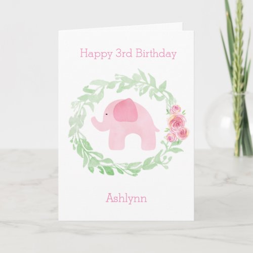 Floral Watercolor Pink Elephant Kids Birthday Card