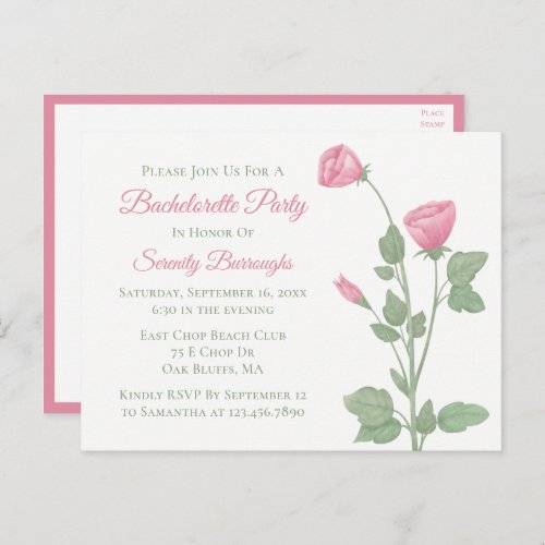 Floral Watercolor Pink Flowers Bachelorette Party Invitation Postcard