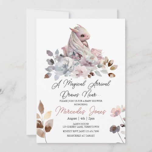 Floral Watercolor Pink Girl Dragon Baby Shower  Invitation