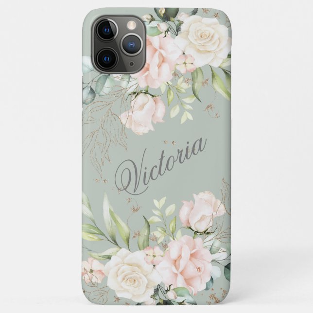 Floral Watercolor Pink Green Gold Personalize Case-Mate iPhone Case (Back)