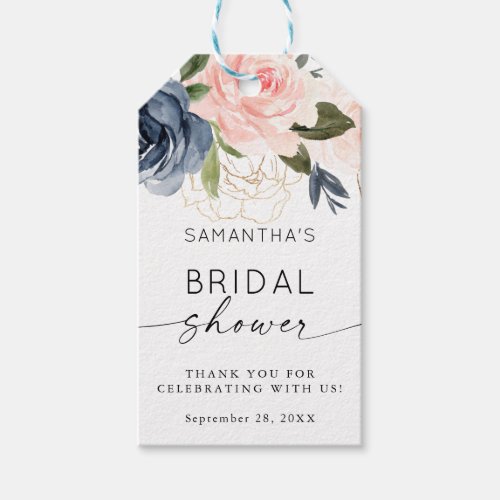 Floral Watercolor Pink Navy Blue Bridal Shower Gift Tags