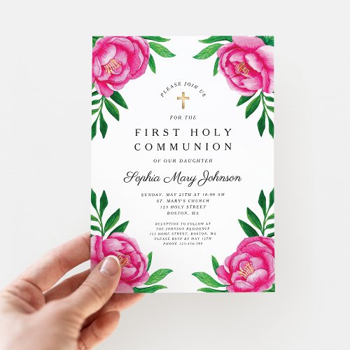 Floral Watercolor Pink Peonies First Communion Invitation