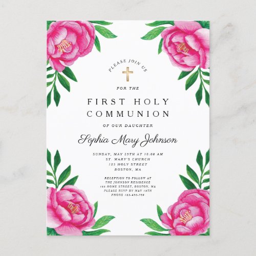 Floral Watercolor Pink Peonies First Communion  Invitation Postcard