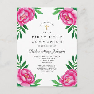 Floral Watercolor Pink Peonies First Communion Invitation Postcard