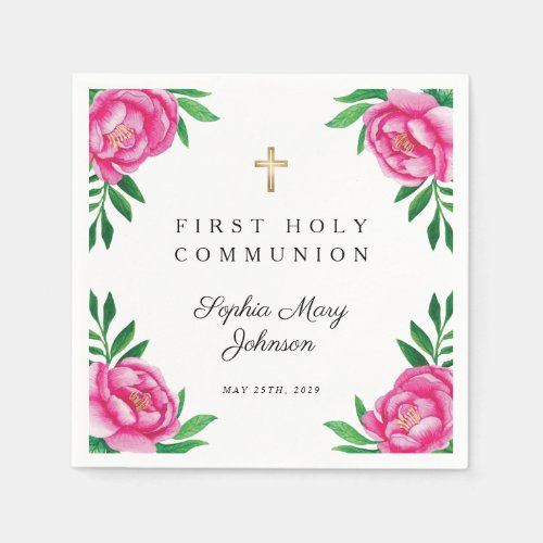 Floral Watercolor Pink Peonies First Communion Napkins
