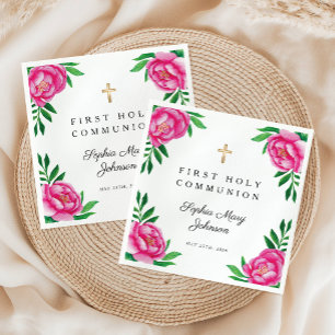 Floral Watercolor Pink Peonies First Communion Napkins