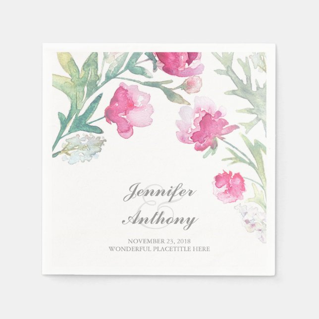 Floral Watercolor Pink Peony Bouquet Wedding Napkins (Front)