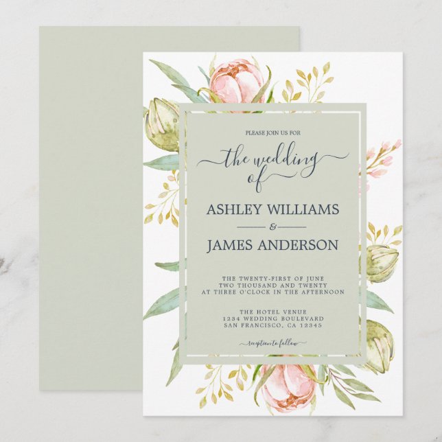 Floral Watercolor Pink Peony Rustic Boho Wedding Invitation (Front/Back)