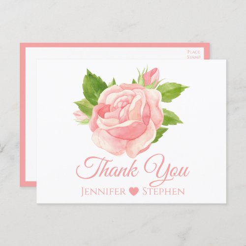 Floral Watercolor Pink Rose Wedding Thank You Postcard