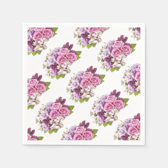 Floral Watercolor Pink Roses Bouquet Template Napkins (Front)