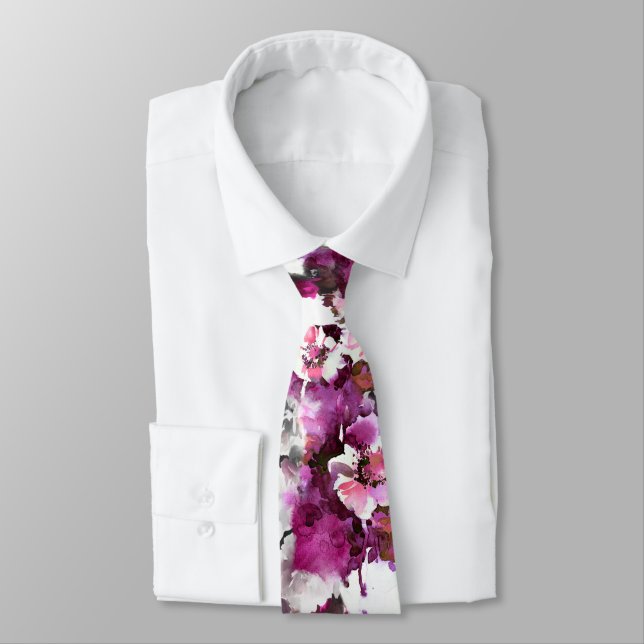 Floral Watercolor - Pink & white abstract design Neck Tie (Tied)