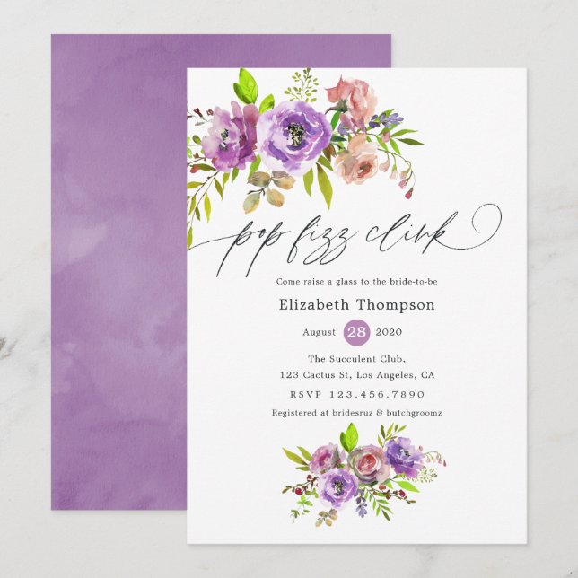 Floral Watercolor Pop Fizz Clink Bridal Shower Invitation (Front/Back)