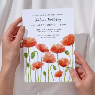Floral Watercolor Poppies Modern Any Age Birthday  Invitation
