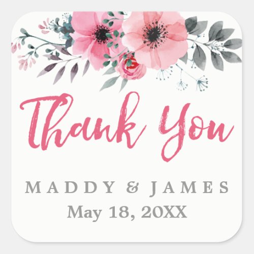 Floral Watercolor Poppies Wedding Thank You Square Sticker