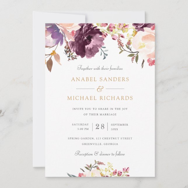 Floral Watercolor Purple Lavender Elegant Wedding Invitation (Front)