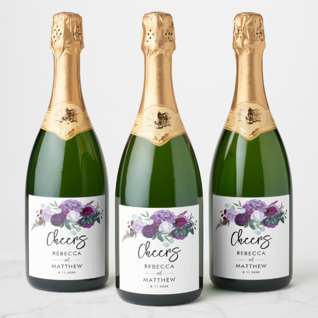 Floral Watercolor Purple Script Wedding Sparkling Wine Label (Bottles)