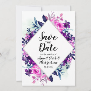 Floral Watercolor Purple Violet Silver Diamond Save The Date