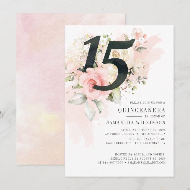 Floral Watercolor Quinceanera 15th Birthday Party  Invitation (Front/Back)