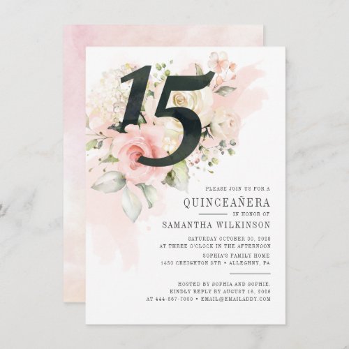 Floral Watercolor Quinceanera 15th Birthday Party  Invitation