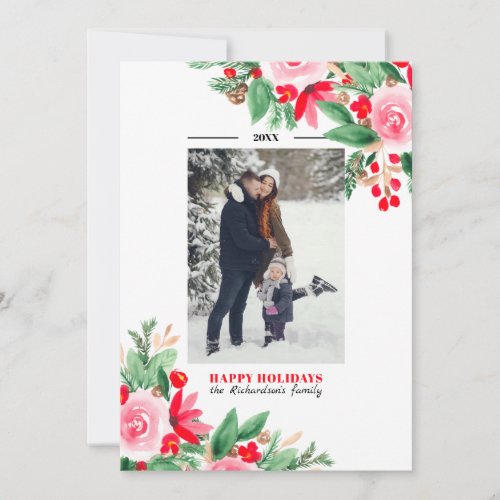 Floral watercolor Red and green Christmas photo Holiday Card