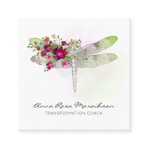 *~* Floral Watercolor Red Rose Mint Dragonfly   Square Business Card