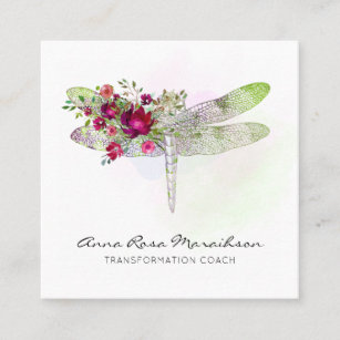 *~* Floral Watercolor Red Rose Mint Dragonfly   Square Business Card