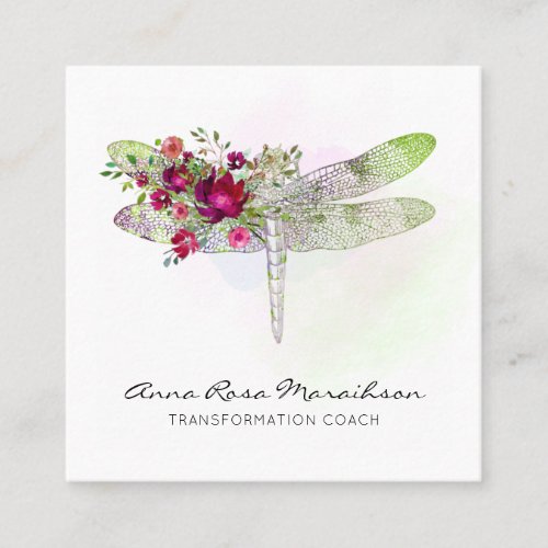  Floral Watercolor Red Rose Mint Dragonfly   Square Business Card