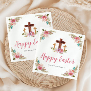 Floral Watercolor Religious Cross Happy Easter  Napkins