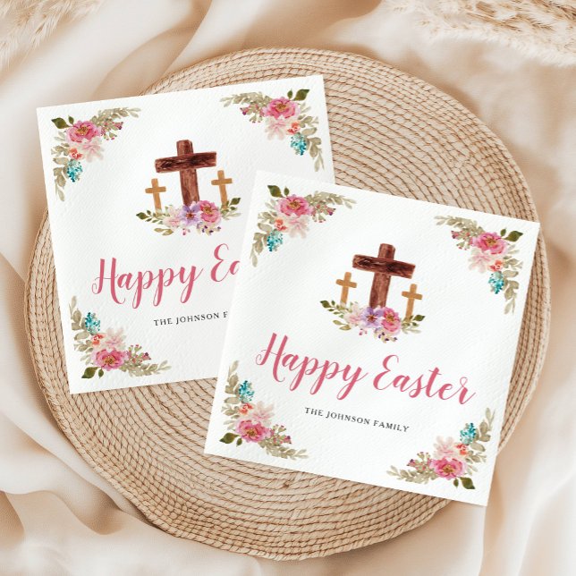 Floral Watercolor Religious Cross Happy Easter  Napkins (Floral Watercolor Religious Cross Happy Easter Napkins)
