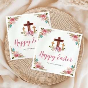 Floral Watercolor Religious Cross Happy Easter Napkins