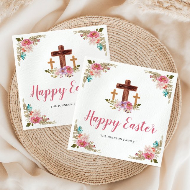 Floral Watercolor Religious Cross Happy Easter  Napkins (Floral Watercolor Religious Cross Happy Easter Napkins)