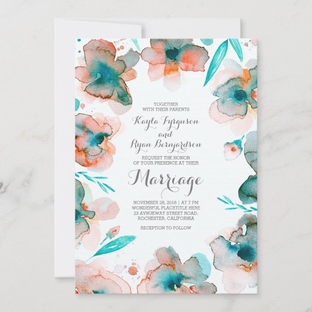 floral watercolor romantic teal wedding invitation (Front)