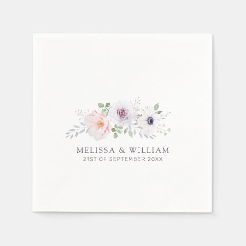 Floral Watercolor Rose Anemone Lilac White Wedding Napkins