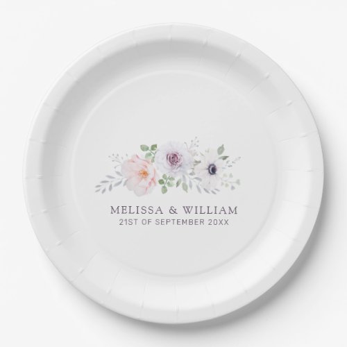 Floral Watercolor Rose Anemone Lilac White Wedding Paper Plates
