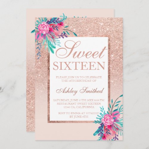 Floral watercolor rose gold glitter chic Sweet 16 Invitation