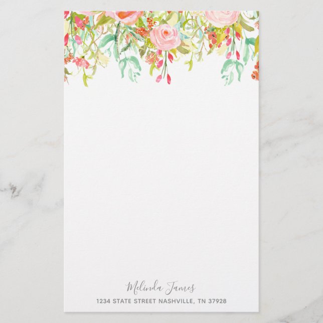 Floral Watercolor Rose Personalized Stationery (Front)