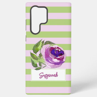 Floral Watercolor Rose Striped Add Your Name  Samsung Galaxy S22 Ultra Case