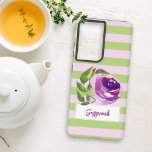 Floral Watercolor Rose Striped Add Your Name  Samsung Galaxy S21 Ultra Case<br><div class="desc">This chic phone case design features horizontal lilac and green pastel stripes with a purple and greenery watercolor rose atop a stand out box for your name. Personalize the text or edit using the design tool to select a font style,  size,  or color you like.</div>
