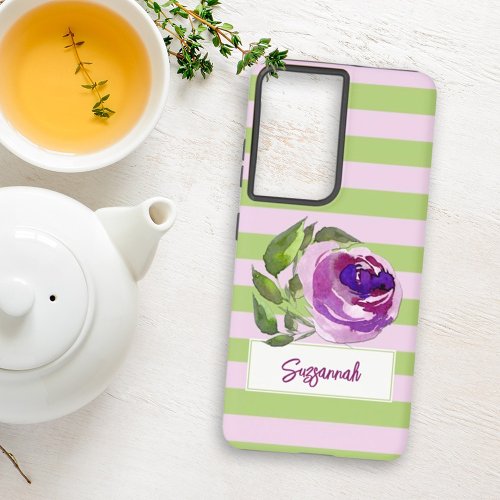Floral Watercolor Rose Striped Add Your Name  Samsung Galaxy S21 Ultra Case