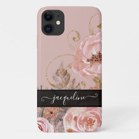 Floral Watercolor Rose Vintage Elegant Gold Black Iphone 11 Case