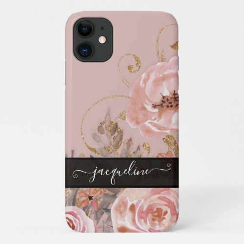 Floral Watercolor Rose Vintage Elegant Gold Black iPhone 11 Case