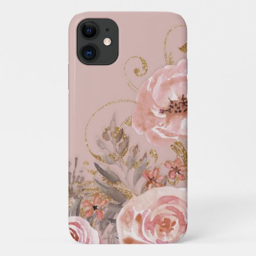 Floral Watercolor Rose Vintage Elegant Gold Pink iPhone 11 Case