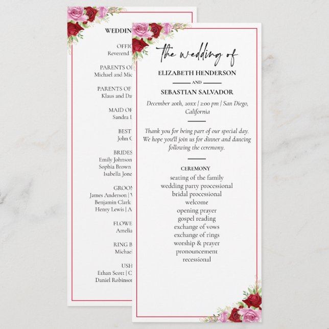 Floral Watercolor Rose Wedding Program (Front/Back)