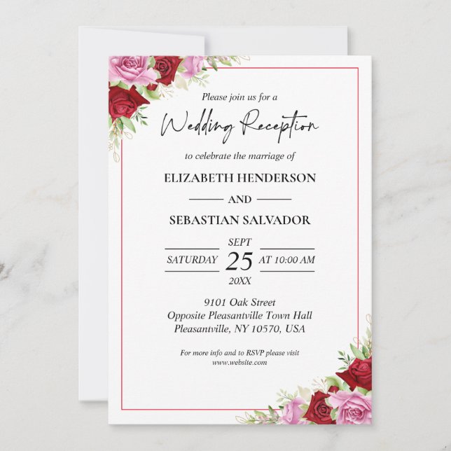 Floral Watercolor Rose Wedding Reception Invitation (Front)