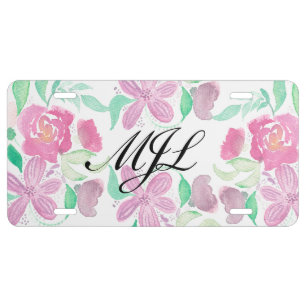 Floral Watercolor Roses Border Monogrammed License Plate
