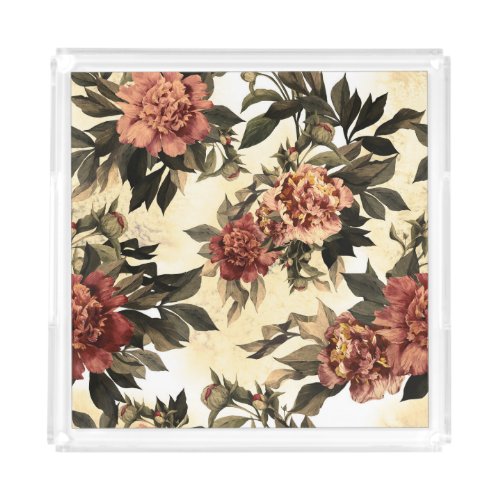 Floral Watercolor Roses Peonies Pattern Acrylic Tray