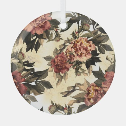 Floral Watercolor Roses Peonies Pattern Glass Ornament