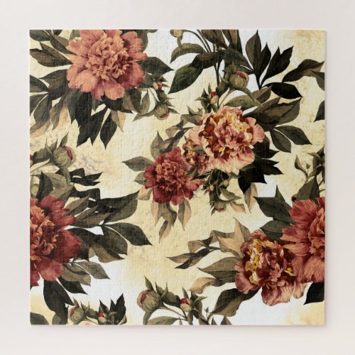 Floral Watercolor Roses Peonies Pattern Jigsaw Puzzle