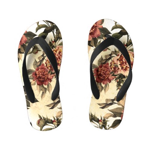 Floral Watercolor Roses Peonies Pattern Kids Flip Flops