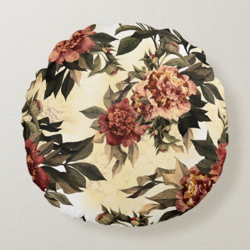 Floral Watercolor Roses Peonies Pattern Round Pillow